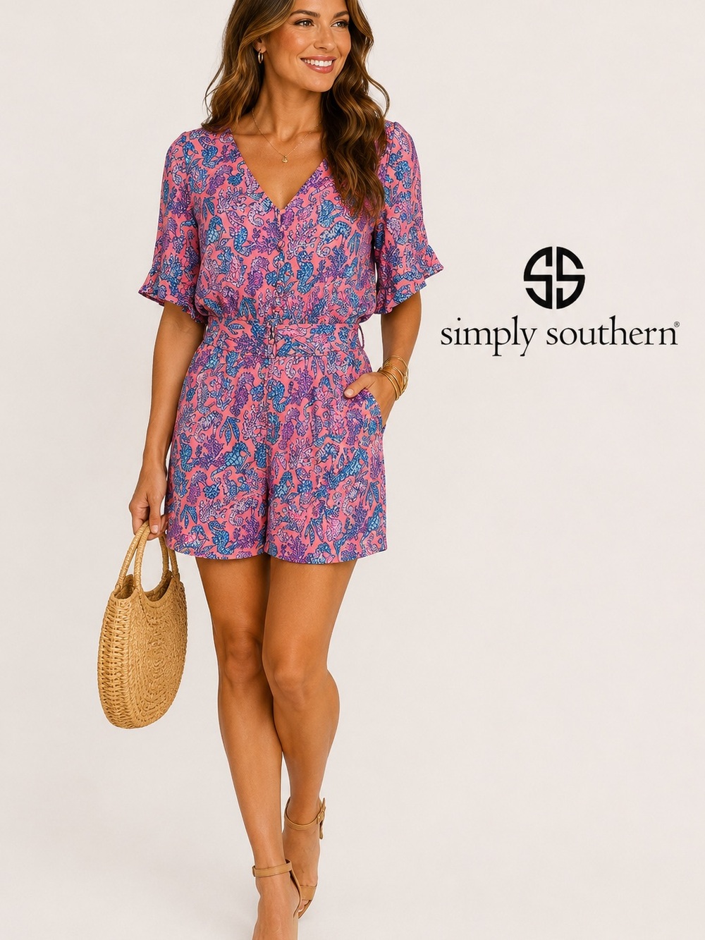 Simply Southern Pink & Blue Paisley Short Sleeve Romper